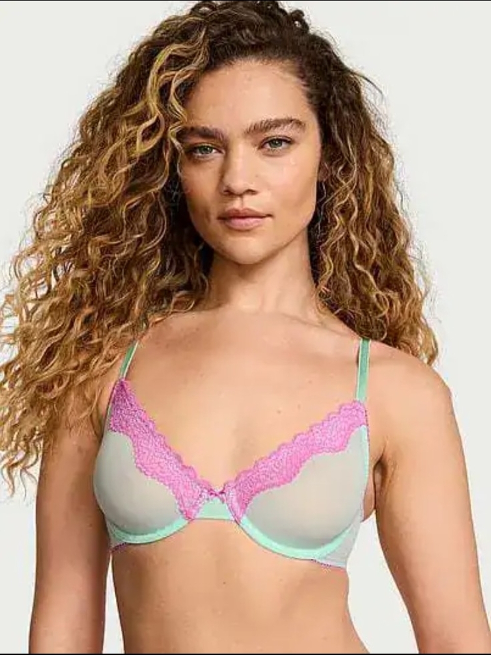 NEW Victoria's Secret Tease Mint and Pink Lace Underwire Demi Bra 32DD